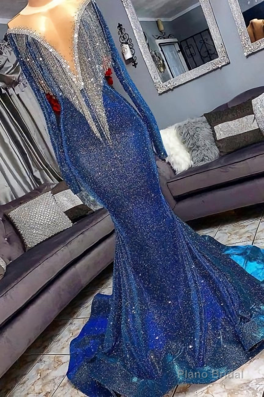 Luxury Navy Blue Long Sleeve Mermaid Prom Dresses, Sequines See Through Neckline Evening Dresses Secondary image