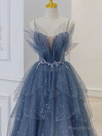 Blue Sweetheart Tulle Sequin Long Prom Dress, Blue Evening Dress
