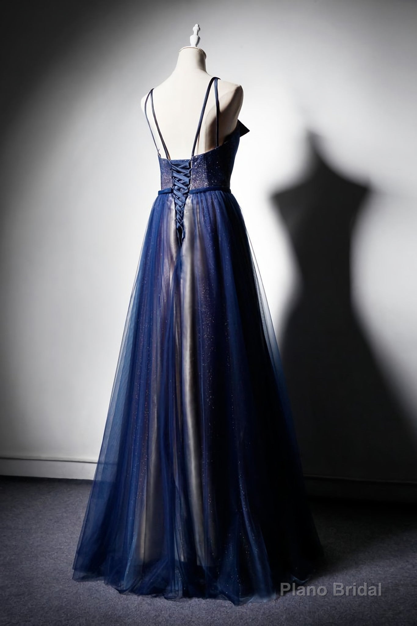 Navy Blue Tulle V Neck Long Women Prom Dress, Lace Up Evening Dress Secondary image