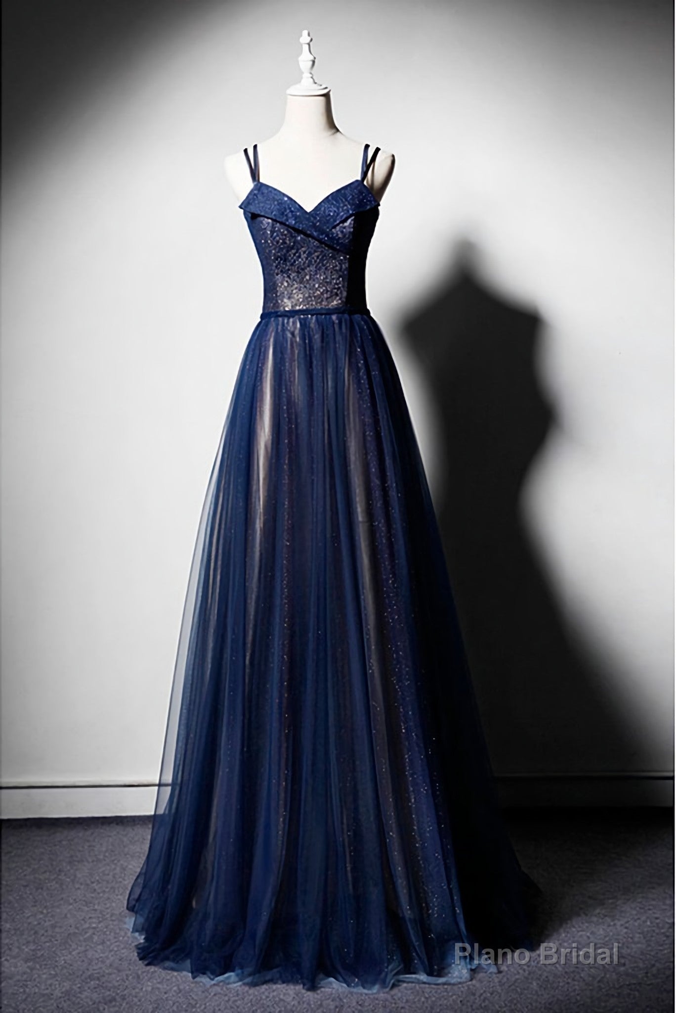 Navy Blue Tulle V Neck Long Women Prom Dress, Lace Up Evening Dress Main image