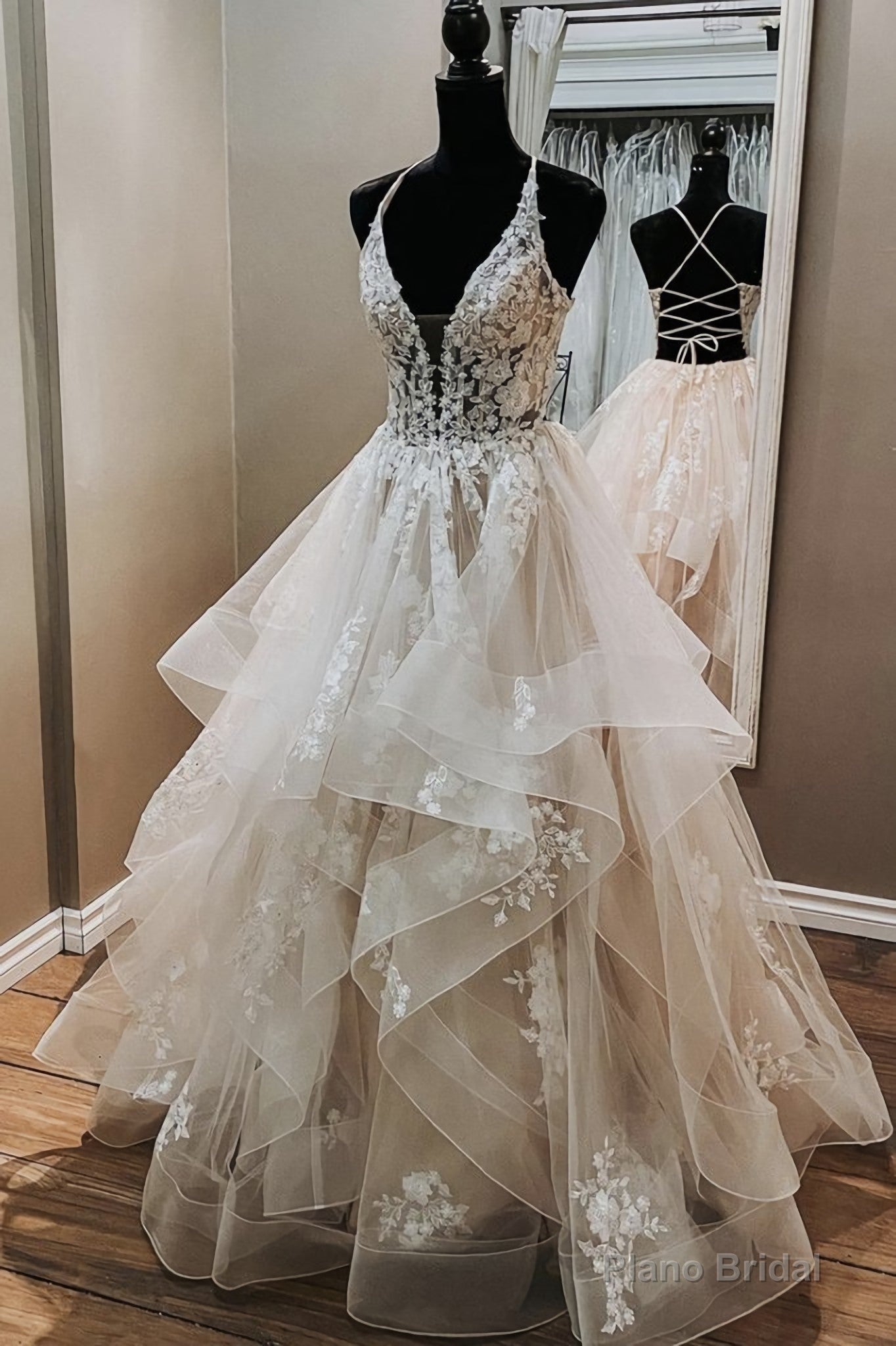 V Neck Backless Light Champagne Lace Wedding Dresses, Open Back Champagne Lace Formal Prom Dresses Main image