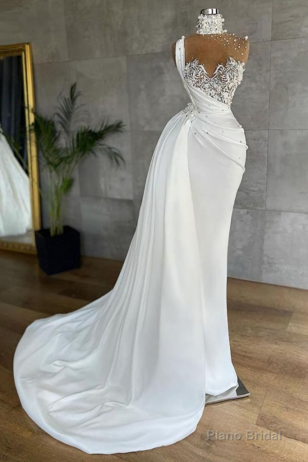 Luxury White Satin One Shoulder Beading Appliques Mermaid Prom Dresses Main image