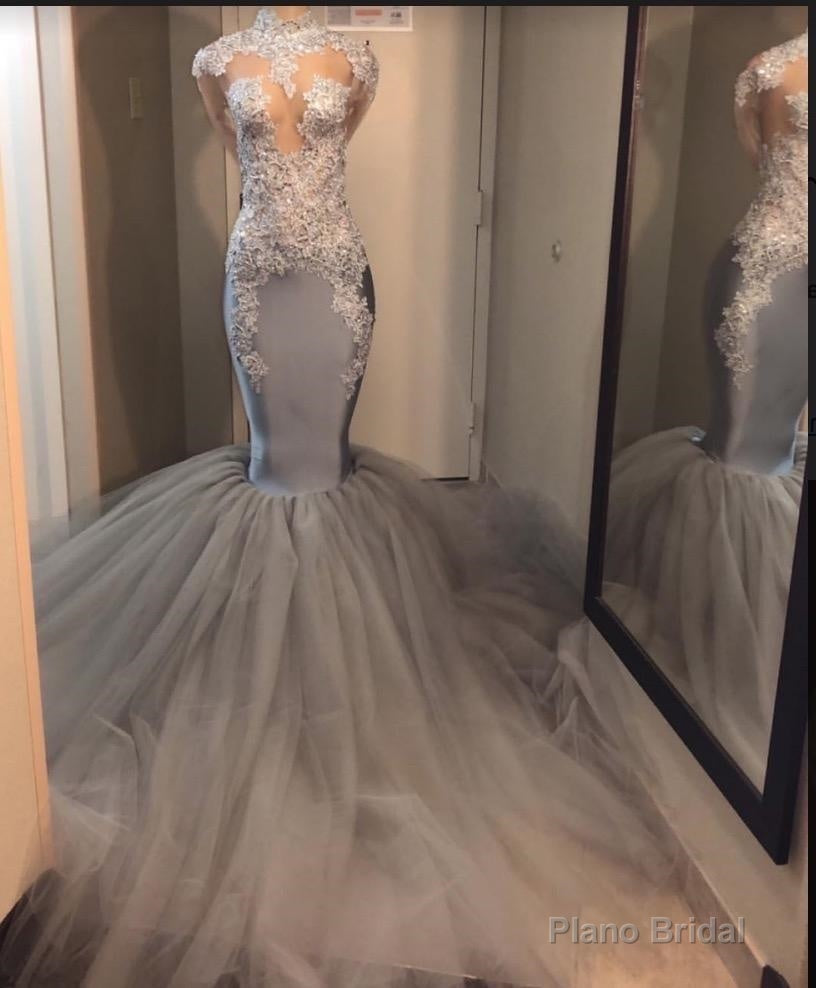 2025 Silver Long Sleeve Mermaid Trumpet Lace And Tulle Prom Dresses Main image
