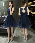 Dark Blue Lace Beading Short Prom Dress Dark Blue Evening Dress