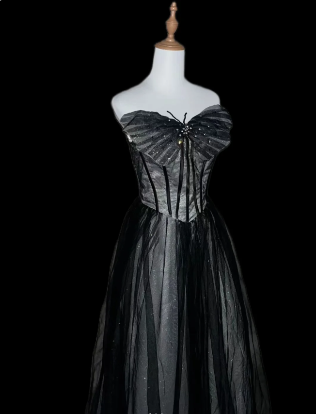 Dreamy Black A-Line Strapless Butterfly Tulle Long Ball Gown/Prom Dresses Secondary image