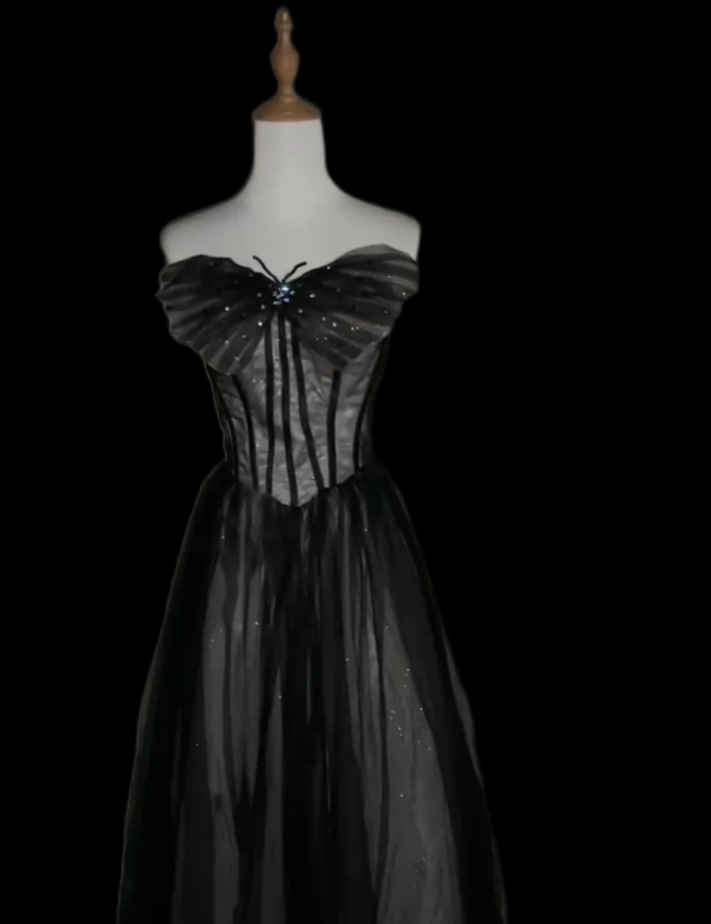 Dreamy Black A-Line Strapless Butterfly Tulle Long Ball Gown/Prom Dresses