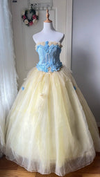 Dreamy Blue And Yellow Color-Blocked Strapless Tulle Ball Gown Prom Dresses Sweet 16Th Dresses