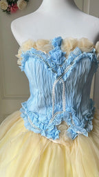Dreamy Blue And Yellow Color-Blocked Strapless Tulle Ball Gown Prom Dresses Sweet 16Th Dresses