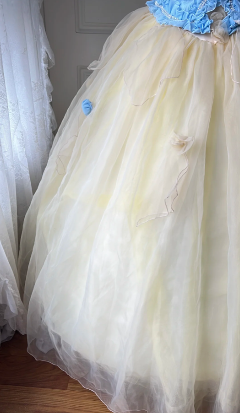 Dreamy Blue And Yellow Color-Blocked Strapless Tulle Ball Gown Prom Dresses Sweet 16Th Dresses