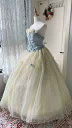 Dreamy Blue And Yellow Color-Blocked Strapless Tulle Ball Gown Prom Dresses Sweet 16Th Dresses