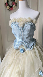 Dreamy Blue And Yellow Color-Blocked Strapless Tulle Ball Gown Prom Dresses Sweet 16Th Dresses