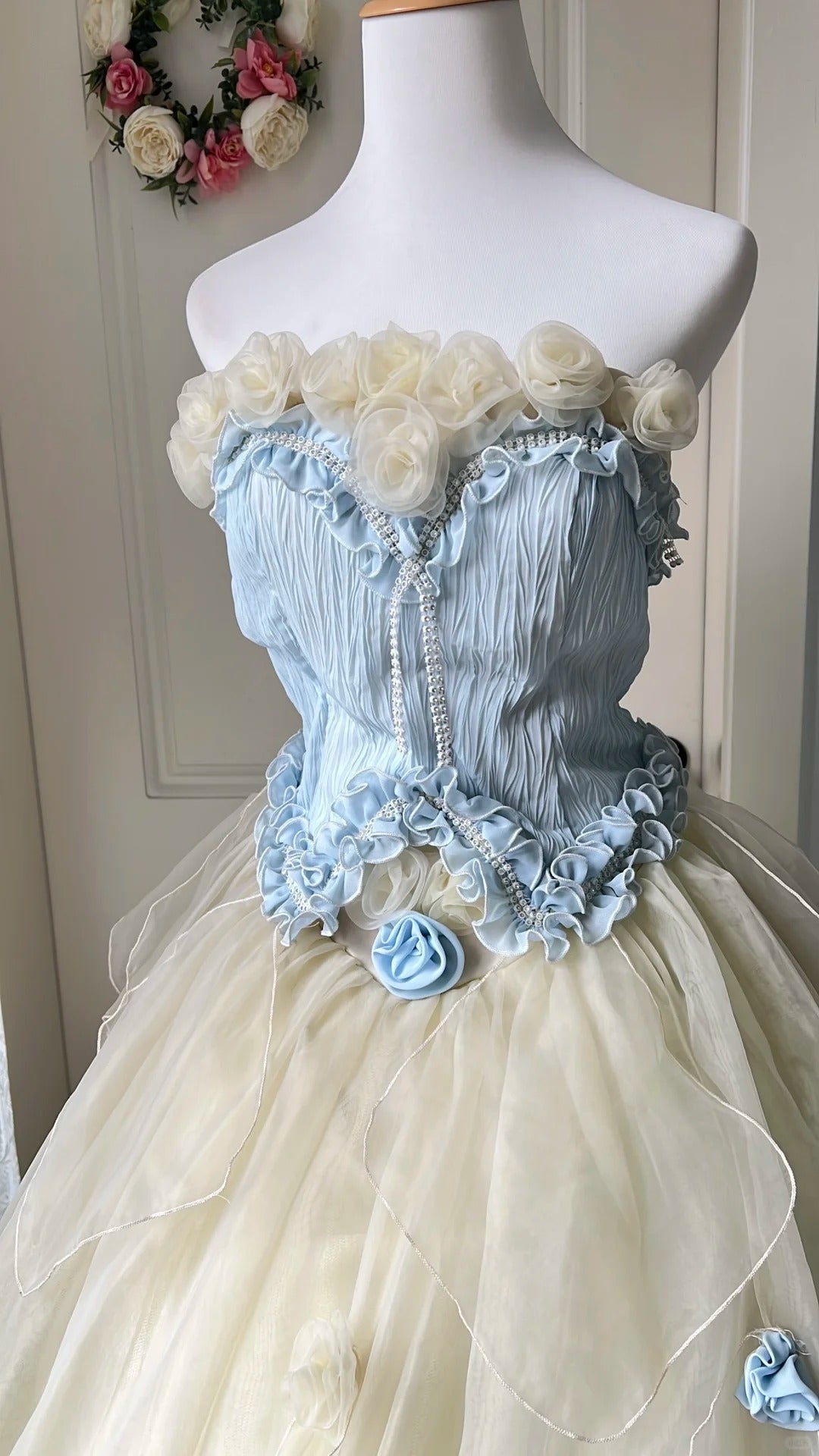 Dreamy Blue And Yellow Color-Blocked Strapless Tulle Ball Gown Prom Dresses Sweet 16Th Dresses