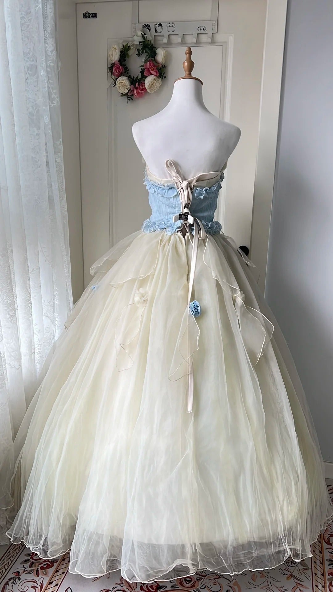Dreamy Blue And Yellow Color-Blocked Strapless Tulle Ball Gown Prom Dresses Sweet 16Th Dresses