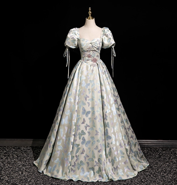 Dreamy Butterfly Jacquard Square Neck Puff Sleeve Satin Long Ball Gown Prom Dresses Sweet 16 Dresses Secondary image