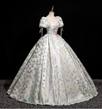 Dreamy Butterfly Jacquard Square Neck Puff Sleeve Satin Long Ball Gown Prom Dresses Sweet 16 Dresses
