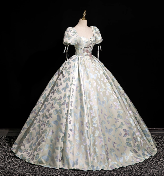 Dreamy Butterfly Jacquard Square Neck Puff Sleeve Satin Long Ball Gown Prom Dresses Sweet 16 Dresses