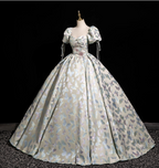 Dreamy Butterfly Jacquard Square Neck Puff Sleeve Satin Long Ball Gown Prom Dresses Sweet 16 Dresses