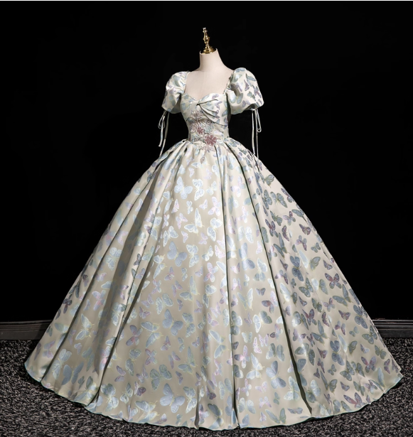 Dreamy Butterfly Jacquard Square Neck Puff Sleeve Satin Long Ball Gown Prom Dresses Sweet 16 Dresses