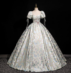 Dreamy Butterfly Jacquard Square Neck Puff Sleeve Satin Long Ball Gown Prom Dresses Sweet 16 Dresses
