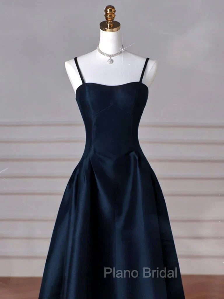 Dreamy Dark Blue Spaghetti Straps Satin Formal Prom Dresses