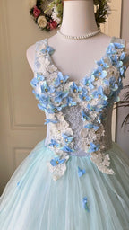 Dreamy Flower Fairy Light Blue 3D Floral V-Neck Tulle Ball Gown Prom Dresses Wedding Dresses