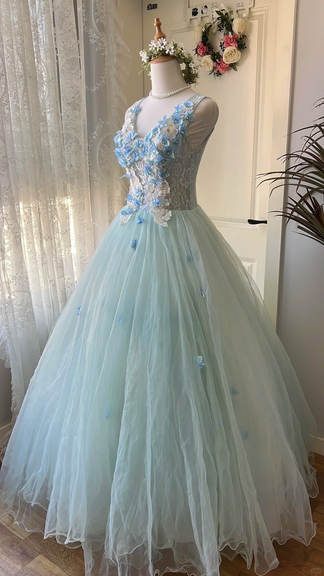 Dreamy Flower Fairy Light Blue 3D Floral V-Neck Tulle Ball Gown Prom Dresses Wedding Dresses