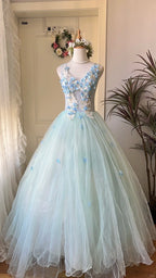 Dreamy Flower Fairy Light Blue 3D Floral V-Neck Tulle Ball Gown Prom Dresses Wedding Dresses