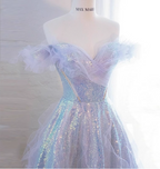 Dreamy Gradient Light Purple A-Line Off-The-Shoulder Iridescent Sequined Tulle Long Formal Prom Dresses