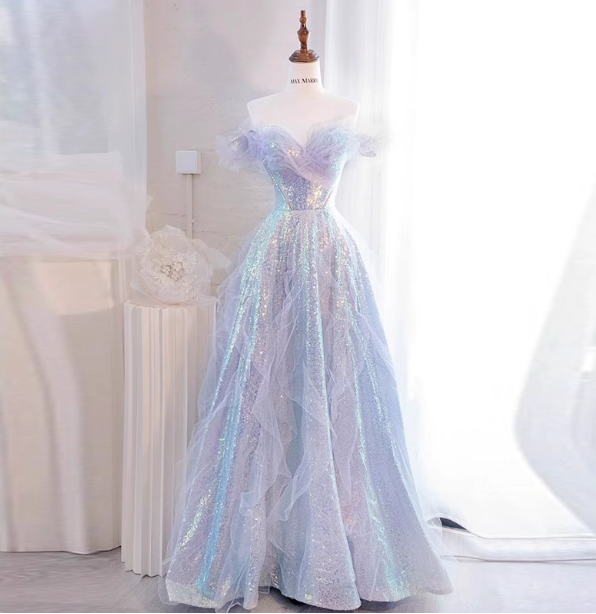 Dreamy Gradient Light Purple A-Line Off-The-Shoulder Iridescent Sequined Tulle Long Formal Prom Dresses