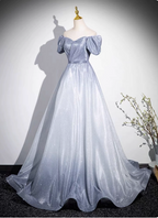 Dreamy Gradient Silver-Gray Puff Sleeve Glitter Satin Long Formal Prom Dresses