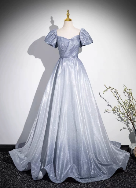 Dreamy Gradient Silver-Gray Puff Sleeve Glitter Satin Long Formal Prom Dresses