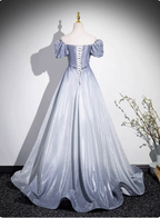 Dreamy Gradient Silver-Gray Puff Sleeve Glitter Satin Long Formal Prom Dresses