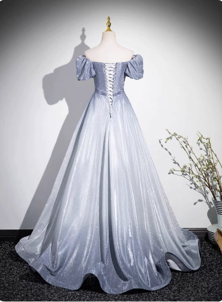 Dreamy Gradient Silver-Gray Puff Sleeve Glitter Satin Long Formal Prom Dresses
