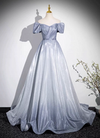 Dreamy Gradient Silver-Gray Puff Sleeve Glitter Satin Long Formal Prom Dresses