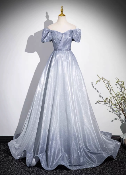 Dreamy Gradient Silver-Gray Puff Sleeve Glitter Satin Long Formal Prom Dresses