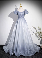 Dreamy Gradient Silver-Gray Puff Sleeve Glitter Satin Long Formal Prom Dresses