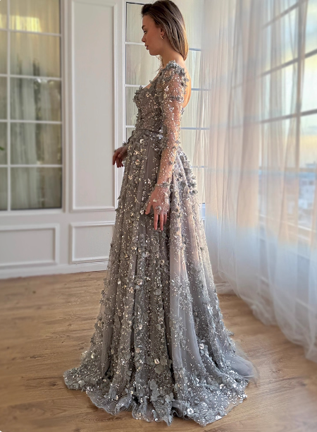 Dreamy Grey A-Line Square Neck Long Sleeve 3D Floral Sequin Tulle Long Formal Prom Dresses Secondary image