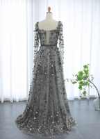 Dreamy Grey A-Line Square Neck Long Sleeve 3D Floral Sequin Tulle Long Formal Prom Dresses