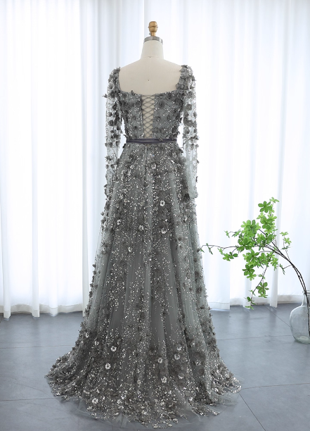 Dreamy Grey A-Line Square Neck Long Sleeve 3D Floral Sequin Tulle Long Formal Prom Dresses