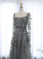 Dreamy Grey A-Line Square Neck Long Sleeve 3D Floral Sequin Tulle Long Formal Prom Dresses