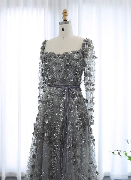Dreamy Grey A-Line Square Neck Long Sleeve 3D Floral Sequin Tulle Long Formal Prom Dresses