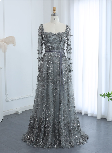 Dreamy Grey A-Line Square Neck Long Sleeve 3D Floral Sequin Tulle Long Formal Prom Dresses Main image
