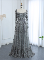 Dreamy Grey A-Line Square Neck Long Sleeve 3D Floral Sequin Tulle Long Formal Prom Dresses