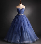 Dreamy Haze Blue Sweetheart Strapless Tulle Ball Gown Prom Dresses Sweet 16 Dresses