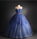 Dreamy Haze Blue Sweetheart Strapless Tulle Ball Gown Prom Dresses Sweet 16 Dresses