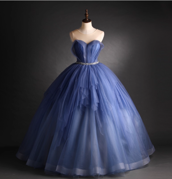Dreamy Haze Blue Sweetheart Strapless Tulle Ball Gown Prom Dresses Sweet 16 Dresses