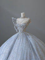 Dreamy Ice Crystal Blue Shiny Bowknot Floor-Length Wedding Dresses