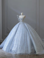 Dreamy Ice Crystal Blue Shiny Bowknot Floor-Length Wedding Dresses