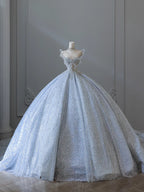 Dreamy Ice Crystal Blue Shiny Bowknot Floor-Length Wedding Dresses
