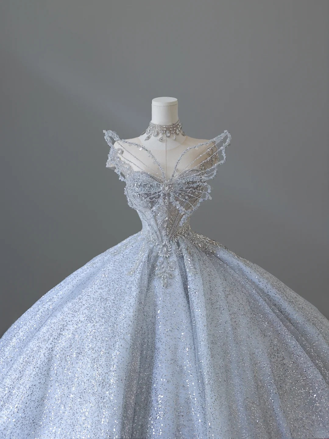Dreamy Ice Crystal Blue Shiny Bowknot Floor-Length Wedding Dresses